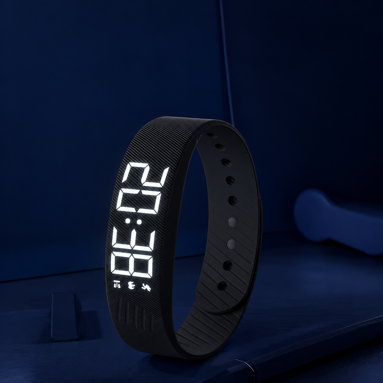 Zelo Wake silent vibrating alarm wristband glowing in a dark bedroom